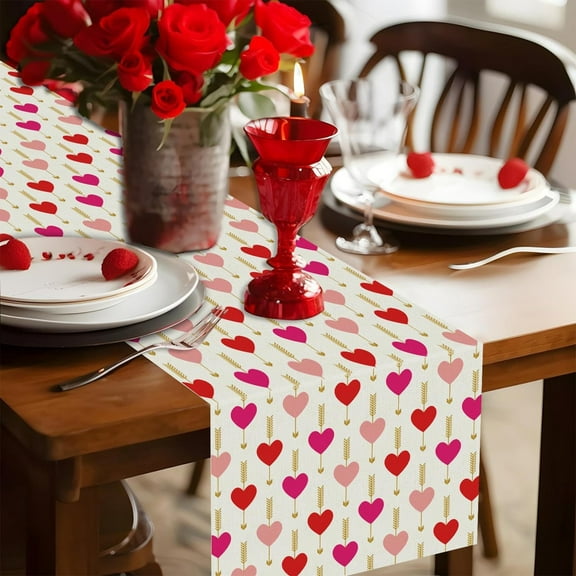 Sruoe Wedding Table Runner, Hearts Table Runners Home Party Holiday Decorations, Boho Farmhouse Table Runner for Kitchen Dining Table, Rustic Table Cloth Decor for Wedding Home Party Spring Gift