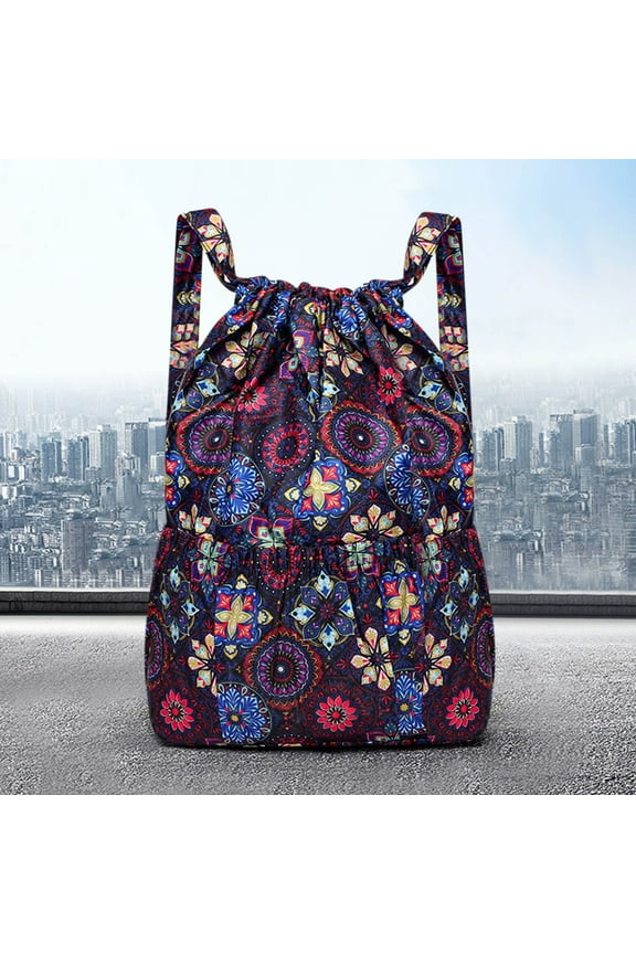 Wet Dry Separation Drawstring Backpack, 35L Large Capacity Foldable Sports Duffle Bag, Waterproof Nylon Travel Gym Drawstring Pouch for Outdoor Short Trip Retro Flower