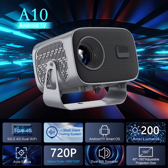 Sryloux 560 ANSI Portable Projector, 4K 1080P Supported Android 11 Smart Projector with WiFi6 Bluetooth5.4, 180 Rotation & Auto Keystone for Home & Outdoor Movies