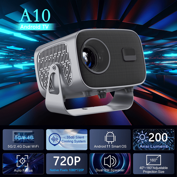 Sryloux 560 ANSI Portable Projector, 4K 1080P Supported Android 11 Smart Projector with WiFi6 Bluetooth5.4, 180 Rotation & Auto Keystone for Home & Outdoor Movies
