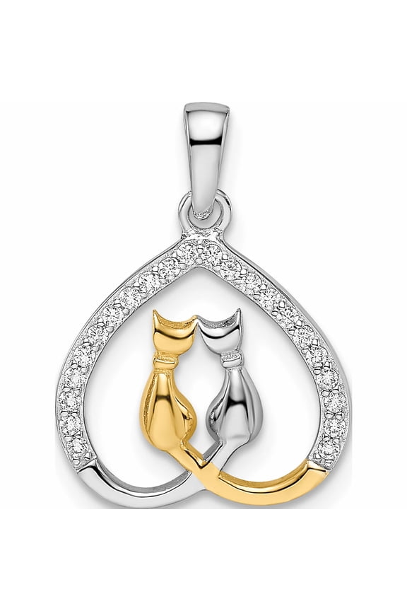 Ss/Gold Plated Sterling Silver Rh-Plated & Gold-Plated Cz Heart With Two Cats Pendant (19.67 X 13.91) Made In Thailand -Jewelry By Sweet Pea