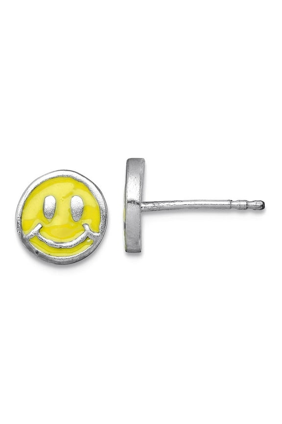 Ss Rhodium Plated Enamel Yellow Smiley Face Post Earrings 8.3x8.3mm Wide Stud Earring - 1.4 Grams
