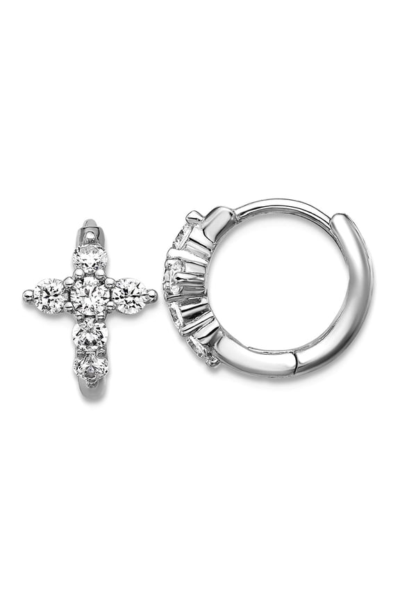 Ss Rhodium Plated Polished Cubic Zirconia Religious Faith Cross Hinged Round Hoop Earrings 11.65x13.7mm Wide 8.75mm Thic