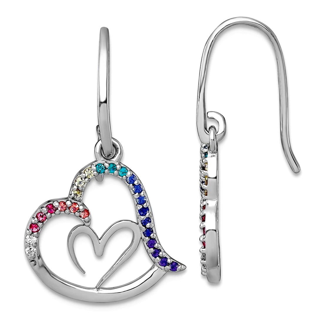 Ss Rhodium Platedmulti Color Nano Crystal Love Heart Dangle Shepherd Hook Earrings 28.5x14.1mm Wide Dangle Earring for W