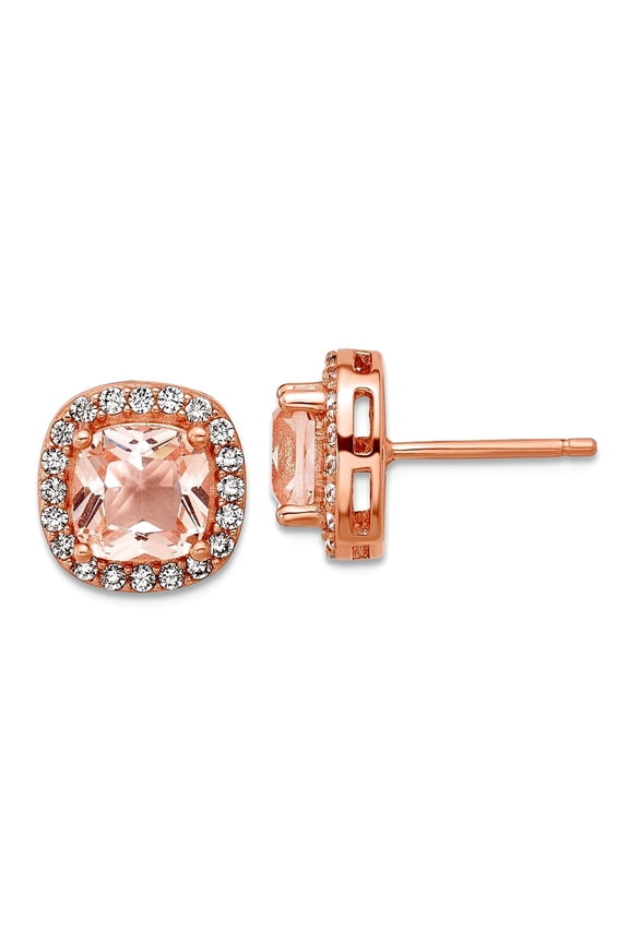 Ss Rose Gold Plated Cubic Zirconia and Pink Glass Post Earrings 10.5x10.5mm Wide Stud Earring for Women