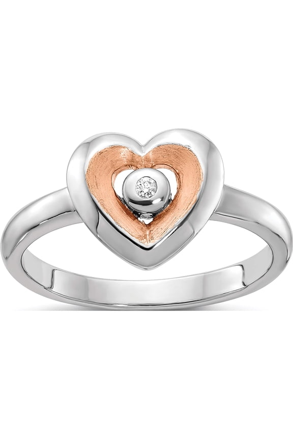 Ss/Rose Plated Sterling Silver Rh-Plated Rose Gold-Plated Polished Satin Diamond Heart Rin (Size 6) Made In Thailand qr7194-6