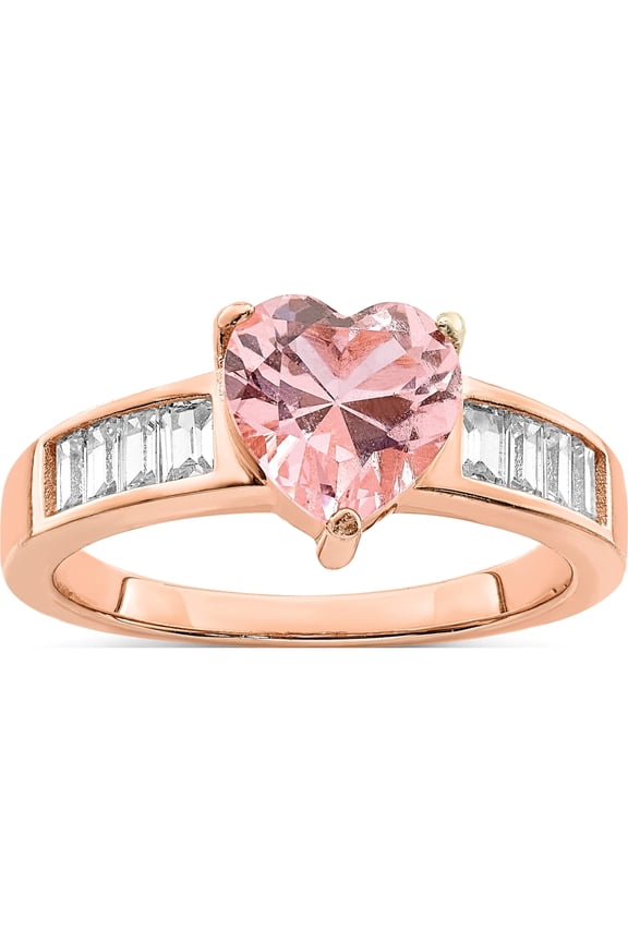 Ss/Rose Plated Sterling Silver Rose-Plated Crystal Heart And White Cz Baguette Ring (Size 7) Made In China qr7127-7
