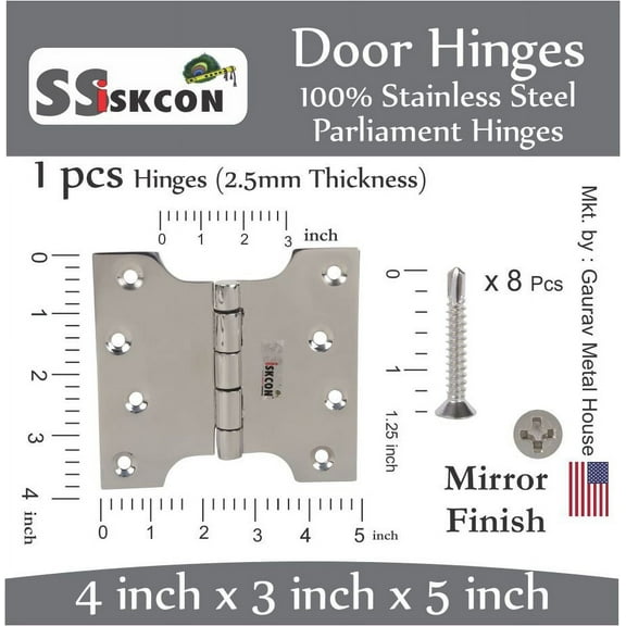 Ssiskcon Stainless Steel Parliament Door Hinge 4 in x 3in x 5", 8 Phillips Drive Screws, Mirror Polished 32 (Pack of 1)