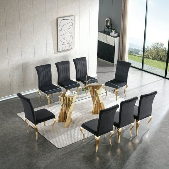 Ssline Dining Table with Tempered Glass Top Gold Mirror Finish Stainless Steel Base,for Dining Room