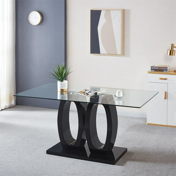 Ssline Double Pedestal Dining Table, Tempered Glass Top with MDF Base for Dining Room