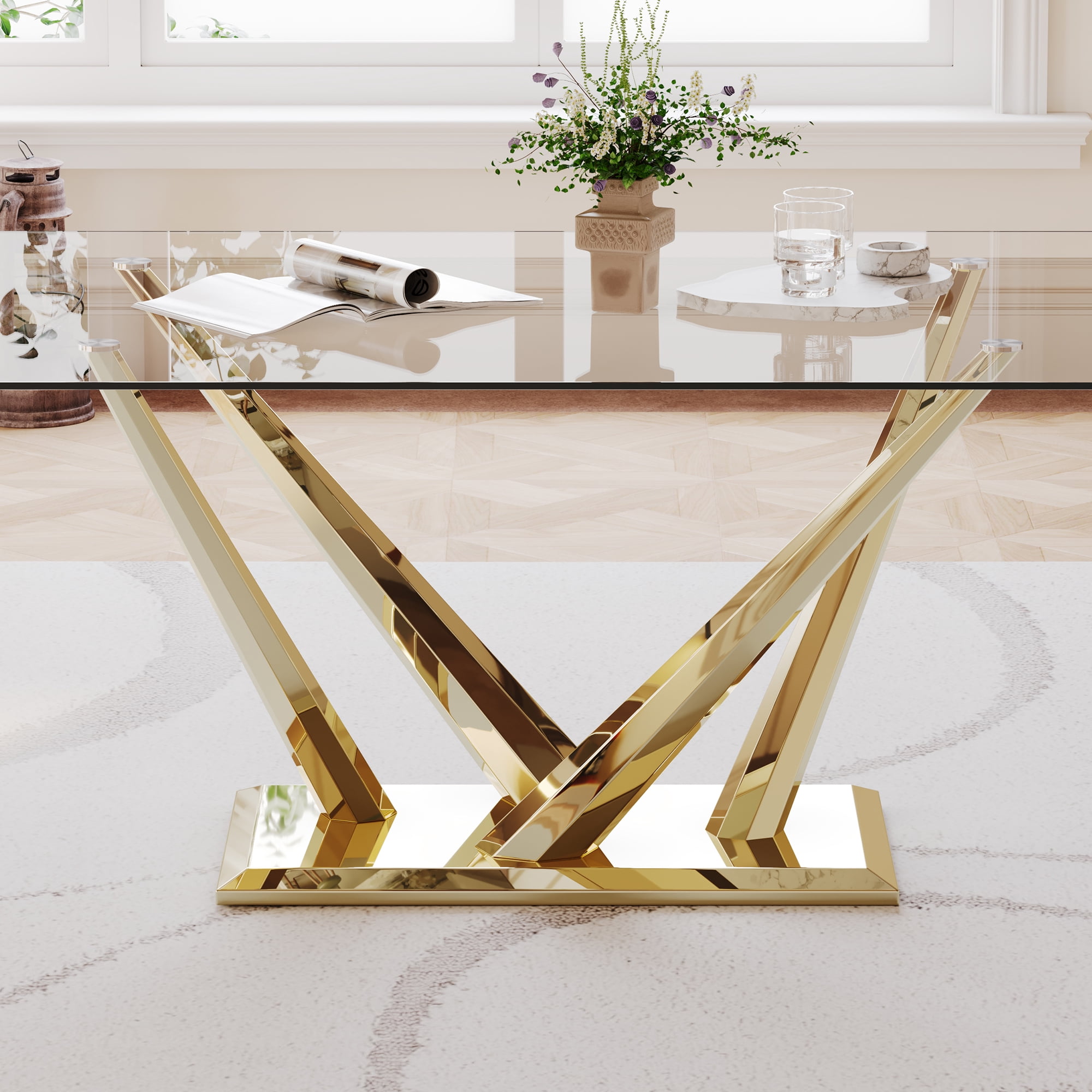 Ssline Rectangular Dining Table, Tempered Glass Top, Stainless Steel ...