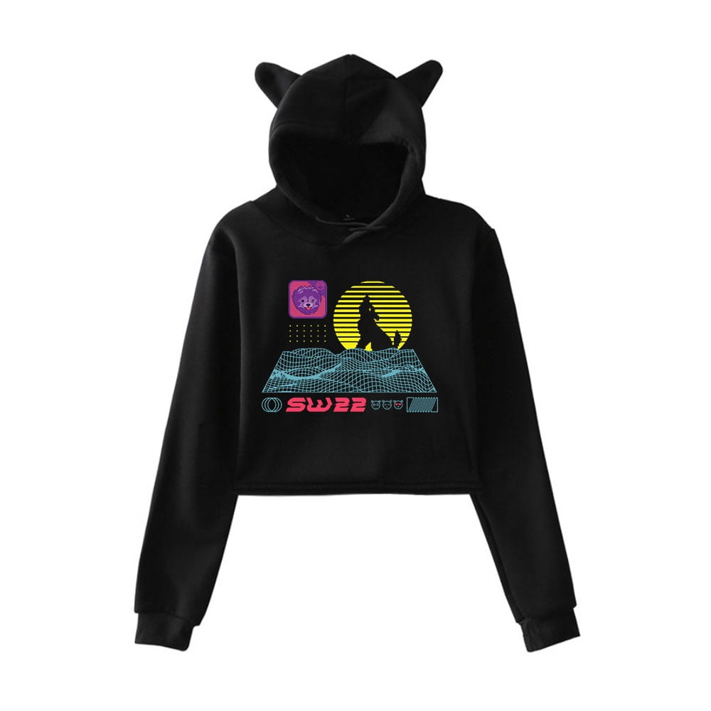 SssniperWolf Synthwave Cat Ear Hoodie Sexy Women Cropped Pullovers for