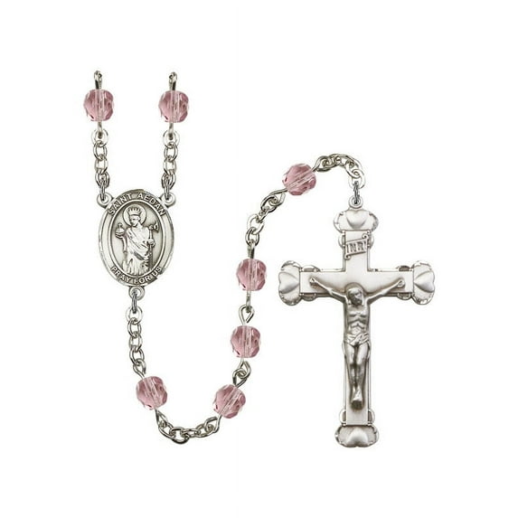 St. Aedan of Ferns Silver-Plated Rosary 6mm June Light Purple Fire Polished Beads Crucifix Size 1 5/8 x 1 medal charm