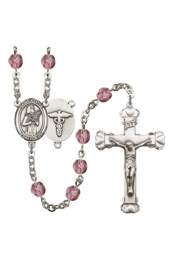St. Agatha / Nurse Silver-Plated Rosary 6mm February Purple Fire Polished Beads Crucifix Size 1 5/8 x 1 medal charm