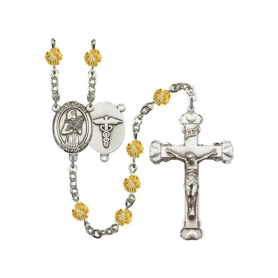 St. Agatha / Nurse Silver-Plated Rosary 6mm November Yellow Fire Polished Beads Crucifix Size 1 5/8 x 1 medal charm
