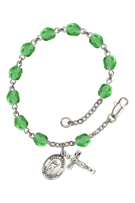 St. Aidan of Lindesfarne Silver Plate Rosary Bracelet 6mm August Green Fire Polished Beads Crucifix Size 5/8 x 1/4 medal