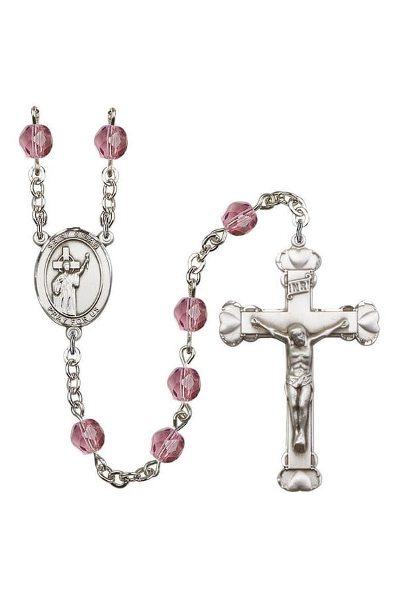 St. Aidan of Lindesfarne Silver-Plated Rosary 6mm February Purple Fire Polished Beads Crucifix Size 1 5/8 x 1 medal charm