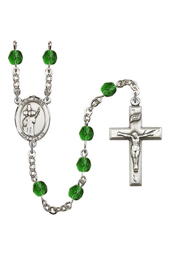 St. Aidan of Lindesfarne Silver-Plated Rosary 6mm May Green Fire Polished Beads Crucifix Size 1 3/8 x 3/4 medal charm