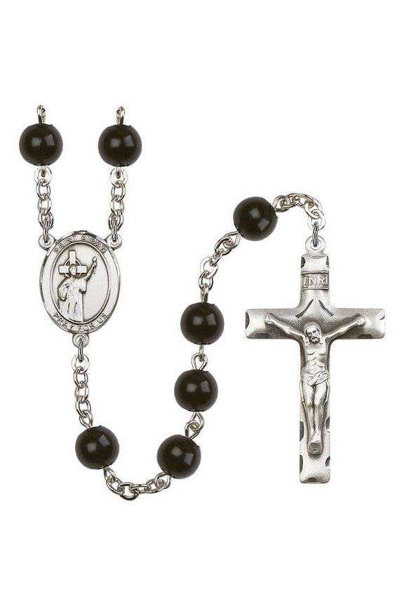 St. Aidan of Lindesfarne Silver-Plated Rosary 7mm Black Onyx Beads Crucifix Size 1 3/4 x 1 medal charm