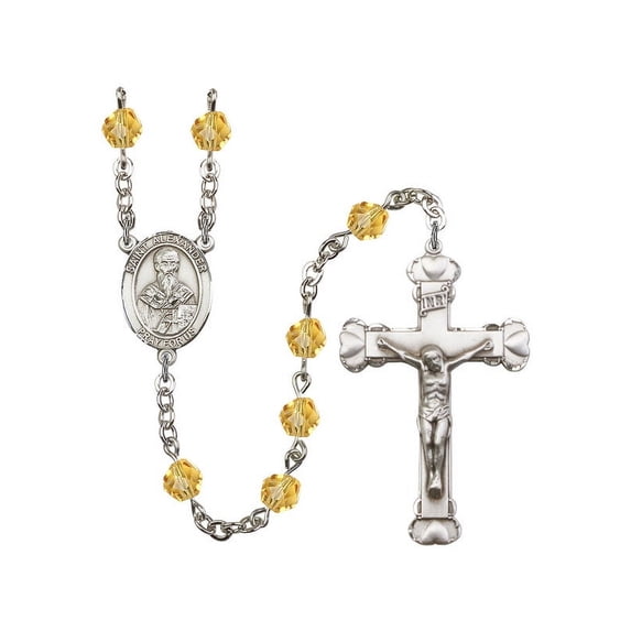 St. Alexander Sauli Silver-Plated Rosary 6mm November Yellow Fire Polished Beads Crucifix Size 1 5/8 x 1 medal charm