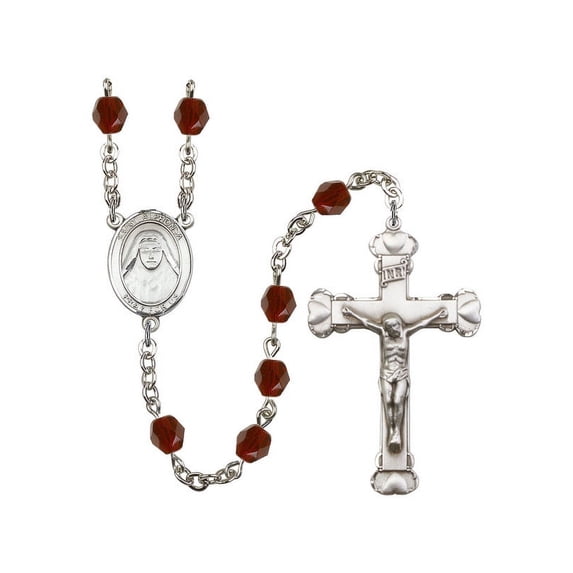 St. Alphonsa of India Silver-Plated Rosary 6mm January Red Fire Polished Beads Crucifix Size 1 5/8 x 1 medal charm