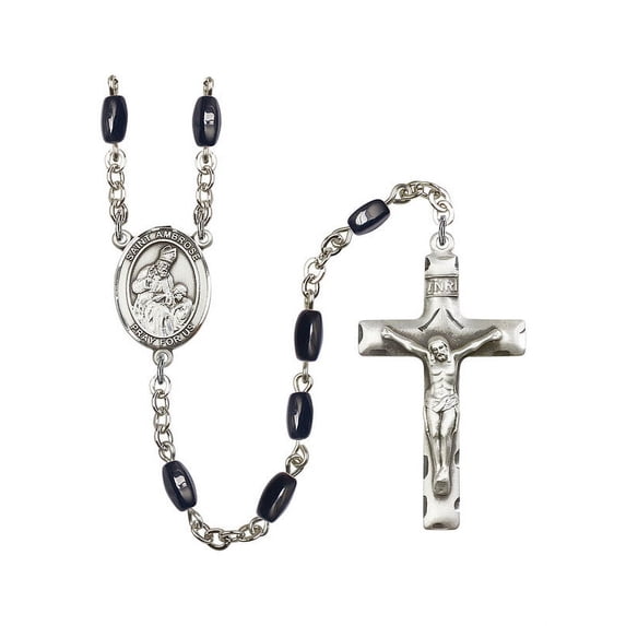St. Ambrose Silver-Plated Rosary 8x5mm Black Onyx Beads Crucifix Size 1 3/4 x 1 medal charm