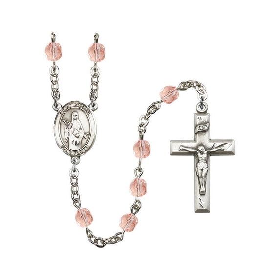 St. Amelia Silver-Plated Rosary 6mm October Pink Fire Polished Beads Crucifix Size 1 3/8 x 3/4 medal charm