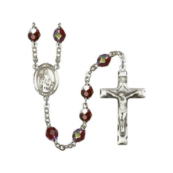 St. Amelia Silver-Plated Rosary 7mm January Red Lock Link Aurora Borealis Beads Crucifix Size 1 3/4 x 1 medal charm