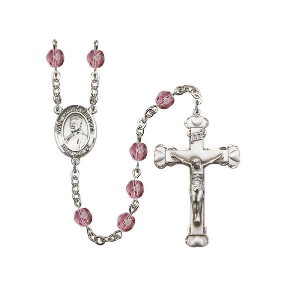 St. Andre Bessette Silver-Plated Rosary 6mm February Purple Fire Polished Beads Crucifix Size 1 5/8 x 1 medal charm