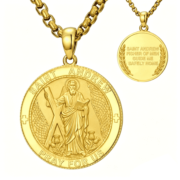 Kootwo St. Andrew Pendant Necklace for Men Women, 14K Gold Plated Double-Sided Round Medal, Scottish Fishermen Traveler Protection Jewelry Gift