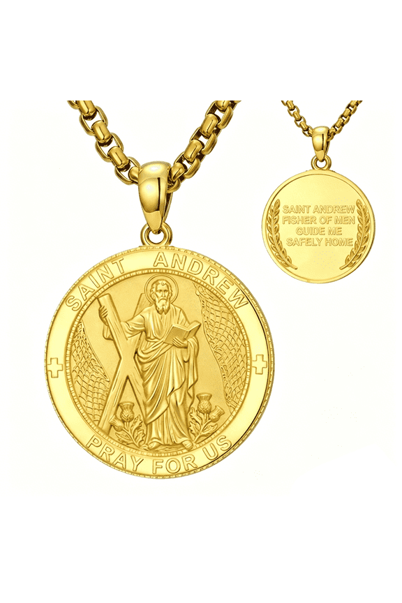St. Andrew Pendant Necklace for Men Women, 14K Gold Plated Double-Sided Round Medal, Scottish Fishermen Traveler Protection Jewelry Gift