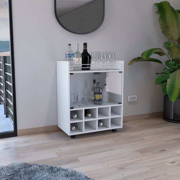 TUHOME St Andrews Bar Cart with Wheels, Wood Serving Cart, 8-Bottle Rack, Glass Door Cabinet, White