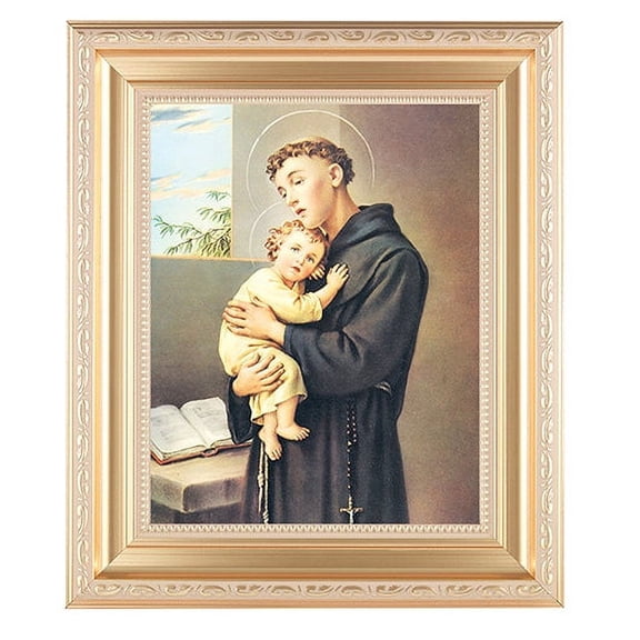 St. Anthony Picture Framed Wall Art Decor Large, Satin Gold Fluted Frame with Distressed Finish and Fine Detailed Scrollwork