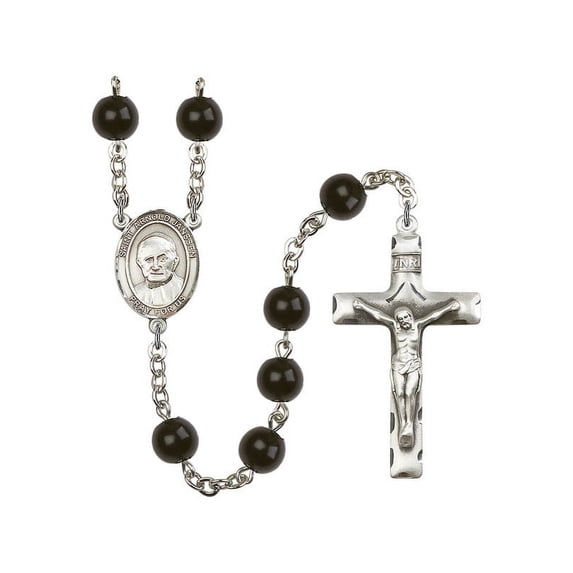St. Arnold Janssen Silver-Plated Rosary 7mm Black Onyx Beads Crucifix Size 1 3/4 x 1 medal charm