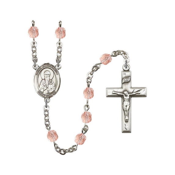 St. Athanasius Silver-Plated Rosary 6mm October Pink Fire Polished Beads Crucifix Size 1 3/8 x 3/4 medal charm