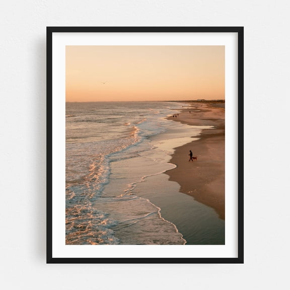 St. Augustine Beach at Sunrise - St. Augustine Beach Florida Photography Beach Coastal Sunset Waves Seaside Ocean Dog Black Framed Wall Art Print 16 x 20 inches