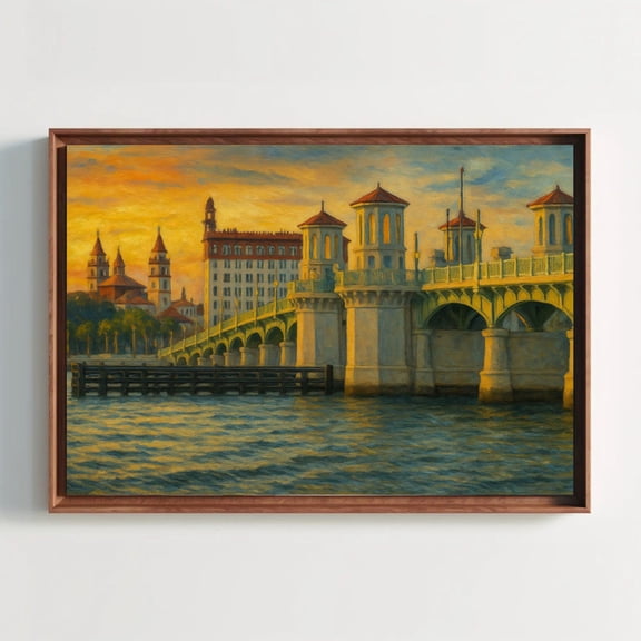 St. Augustine Bridge Of Lions Canvas Painting Wall Art Print Florida Coastal Sunset Decor For Living Room Office Or Entryway Artwork, Unframed Canvas Size 12x18