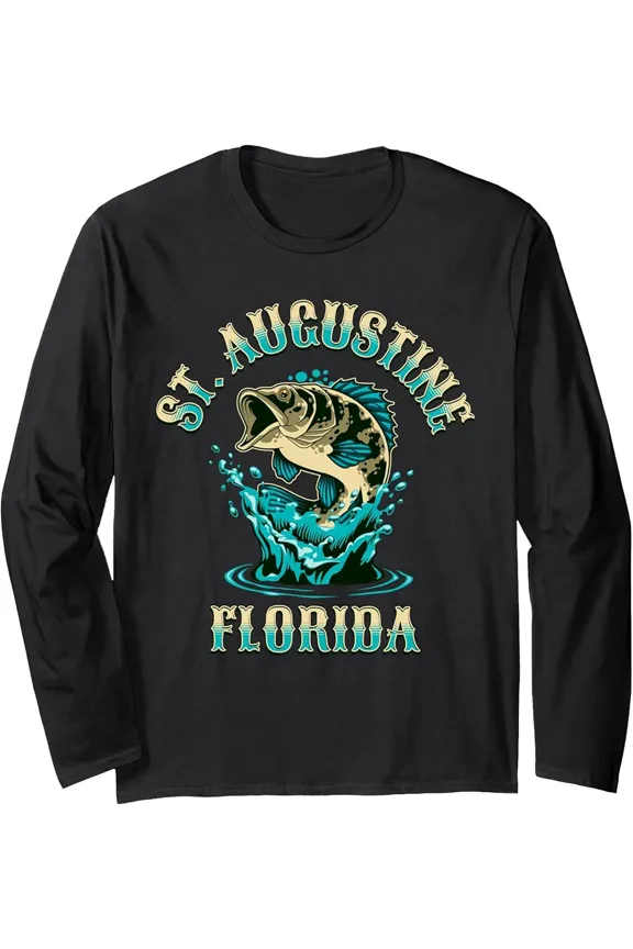 St. Augustine Florida Jumping Bass Fishing Graphic for Fisherman Casual Long Sleeve T-Shirt