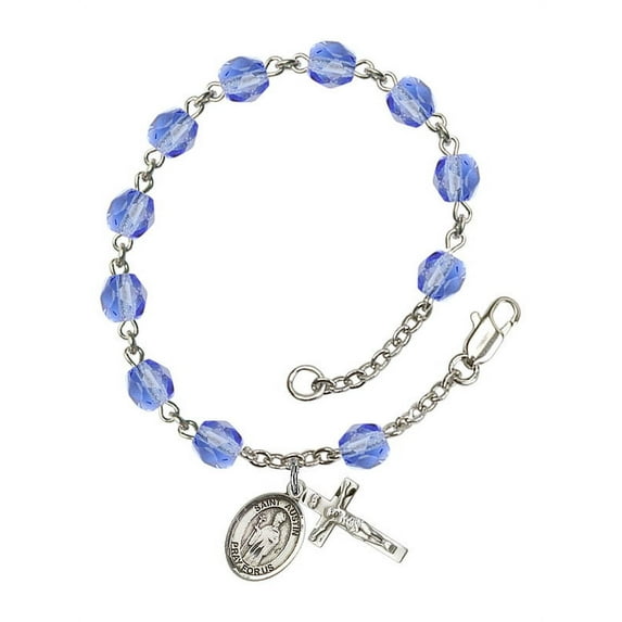 St. Austin Silver Plate Rosary Bracelet 6mm September Blue Fire Polished Beads Crucifix Size 5/8 x 1/4 medal charm