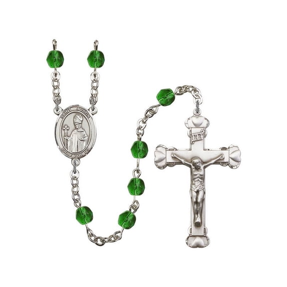 St. Austin Silver-Plated Rosary 6mm May Green Fire Polished Beads Crucifix Size 1 5/8 x 1 medal charm