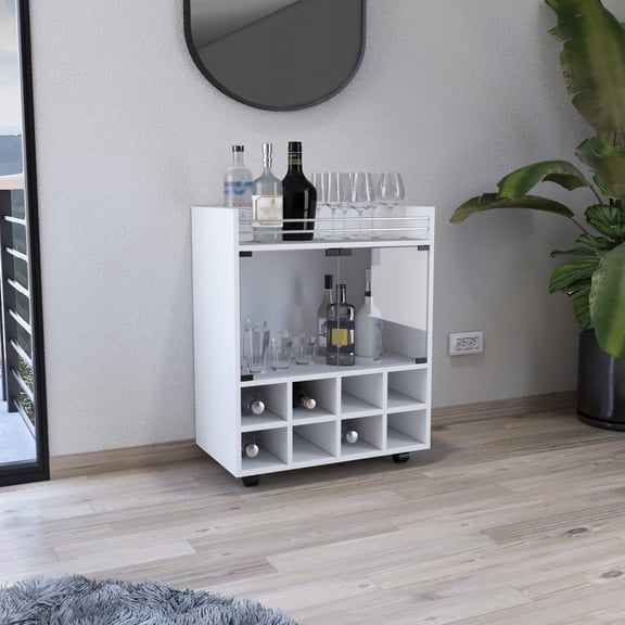 St Bar Cart With 8 Rack, Double Glass Door Display Cabinet, Aluminum-edged Top For Modern Living Space Cart, Rack Feature, Storage Room