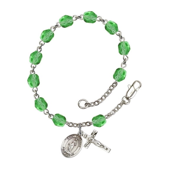 St. Barbara Silver Plate Rosary Bracelet 6mm August Green Fire Polished Beads Crucifix Size 5/8 x 1/4 medal charm