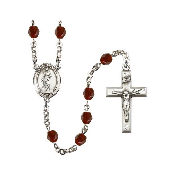 St. Barbara Silver-Plated Rosary 6mm January Red Fire Polished Beads Crucifix Size 1 3/8 x 3/4 medal charm