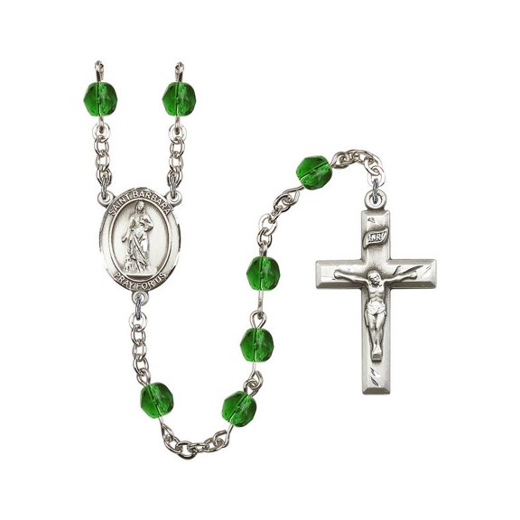 St. Barbara Silver-Plated Rosary 6mm May Green Fire Polished Beads Crucifix Size 1 3/8 x 3/4 medal charm