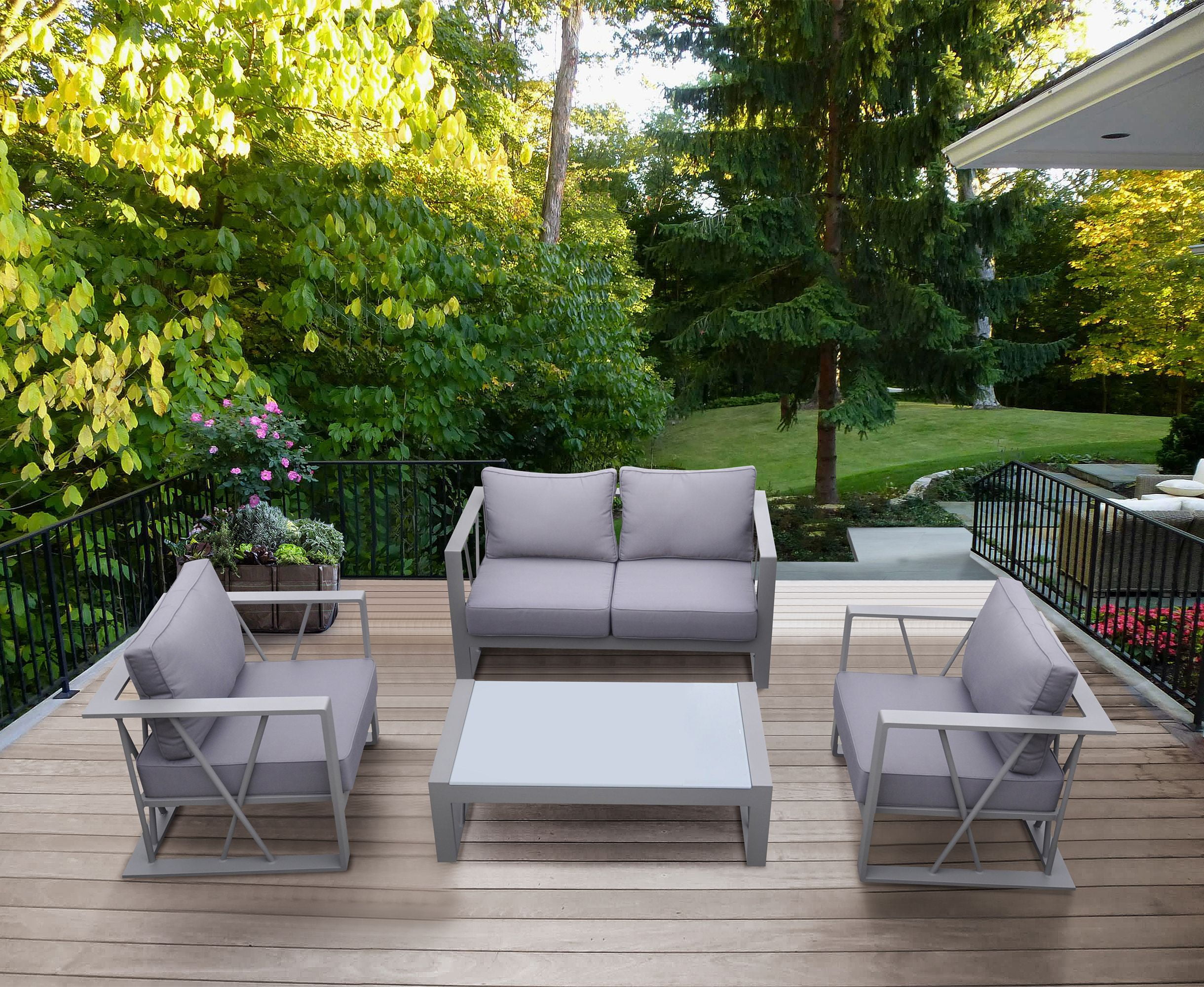 St Barts 4 piece Outdoor Patio Aluminum Set with Grey Fabric Cushions and White Glass Top