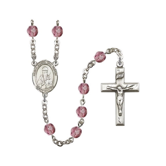 St. Basil the Great Silver-Plated Rosary 6mm February Purple Fire Polished Beads Crucifix Size 1 3/8 x 3/4 medal charm