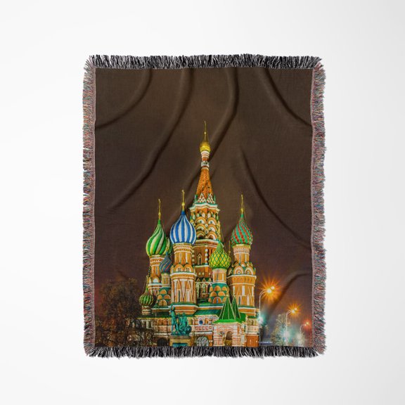 St Basils Cathedral On Moscow Red Square At Night, Woven Blanket