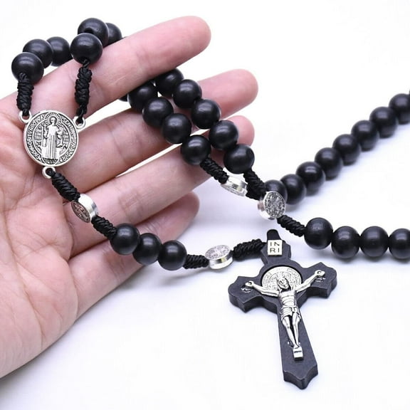 St Benedict Black Cross Necklace,Natural Wooden Bead Beads, Black Wood Rosary,Catholic Rosary Beads for Religious Gifts,Catholic Cross Religious Prayer Chaplet Handmade