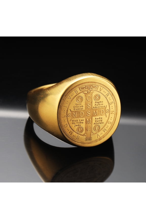 St. Benedict Cross 14K Gold Ring PVD Black Coated Religious Jewelry Christian Gift Gothic Mens Ring Symbol Accessories