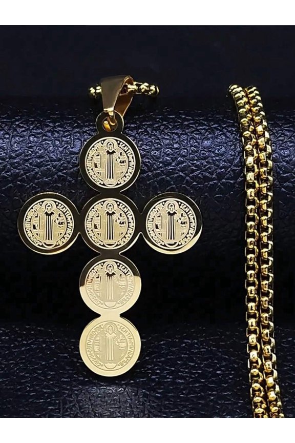 St. Benedict Cross Pendant Necklace Goldtone Stainless Steel Religious